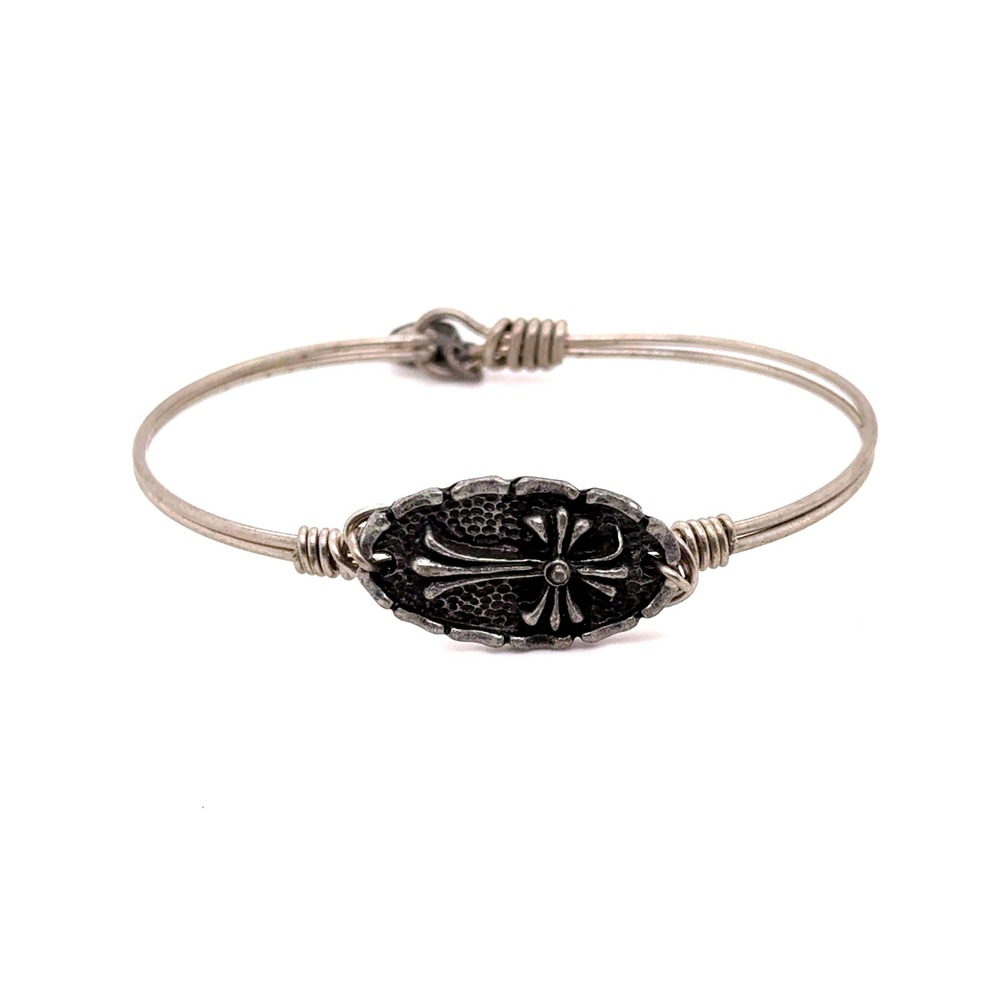 Luca and Dani Silver Tone Cross Medallion Wire Wrapped Bangle Bracelet